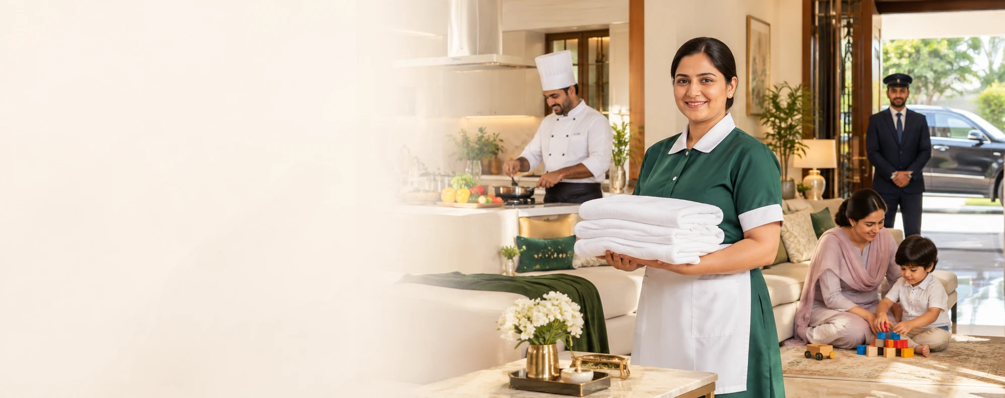 Uniformed maid, cook and driver helping a Pakistani family at home